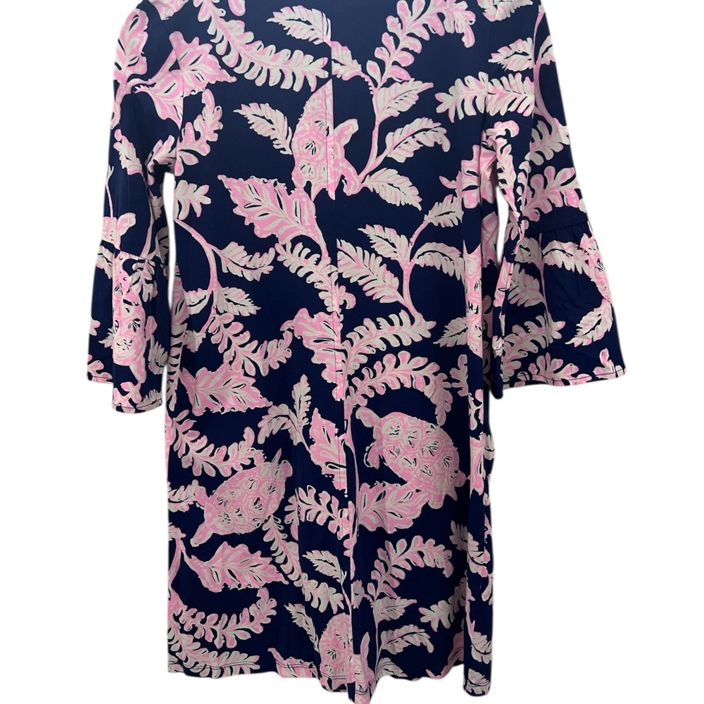 Lilly Pulitzer Dress S Navy Pink Tropical Print Ruffle Sleeve V-Neck Shift Dress - Picture 2 of 7